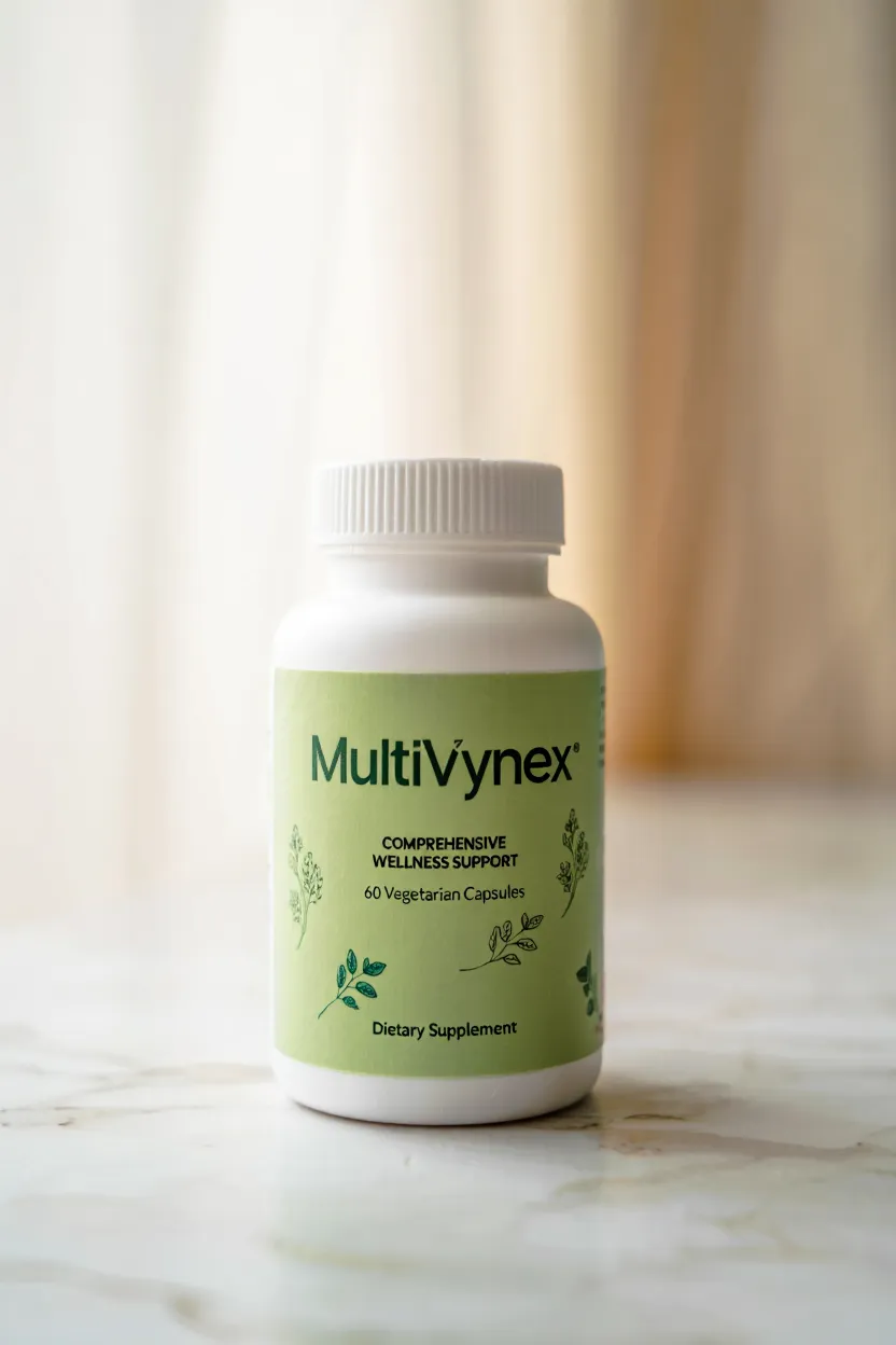 MultiVynex dietary supplement bottle with natural ingredients label, 60 capsules for comprehensive wellness support